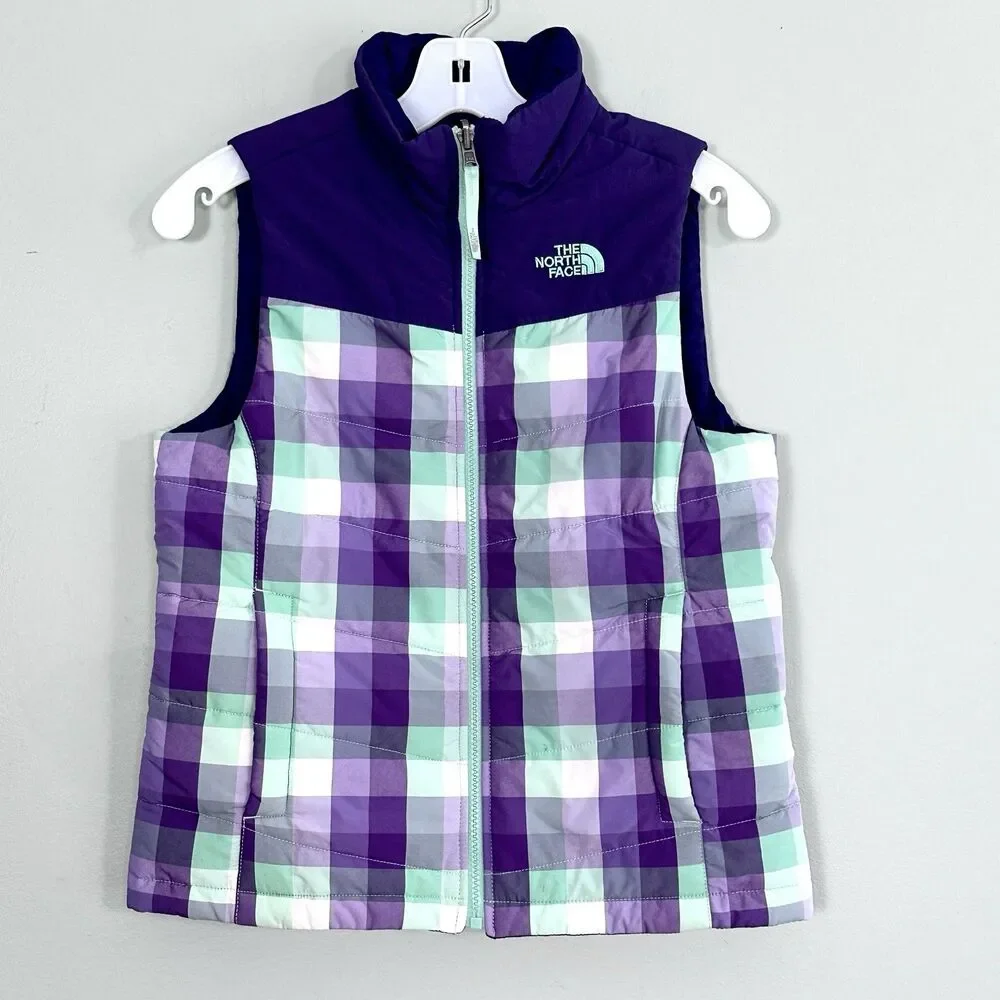 The North Face Puffer Vest Girls Medium 10-12 Purple Plaid Outdoor Gorpcore
